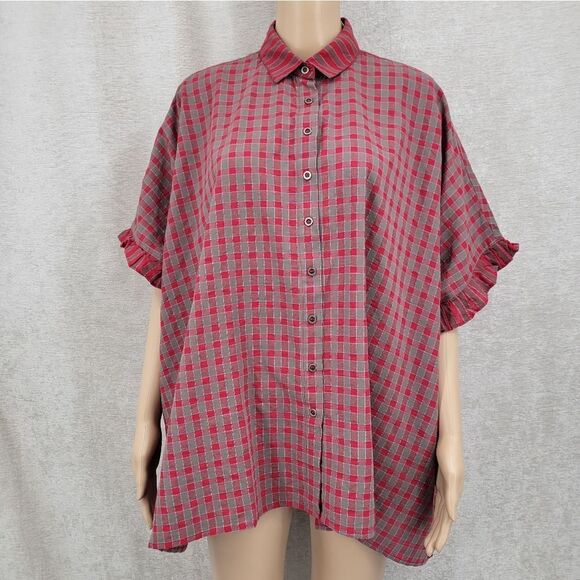 I Joah Red Taupe Plaid Button Down Poncho Oversized Cotton Women's Small - Picture 1 of 11